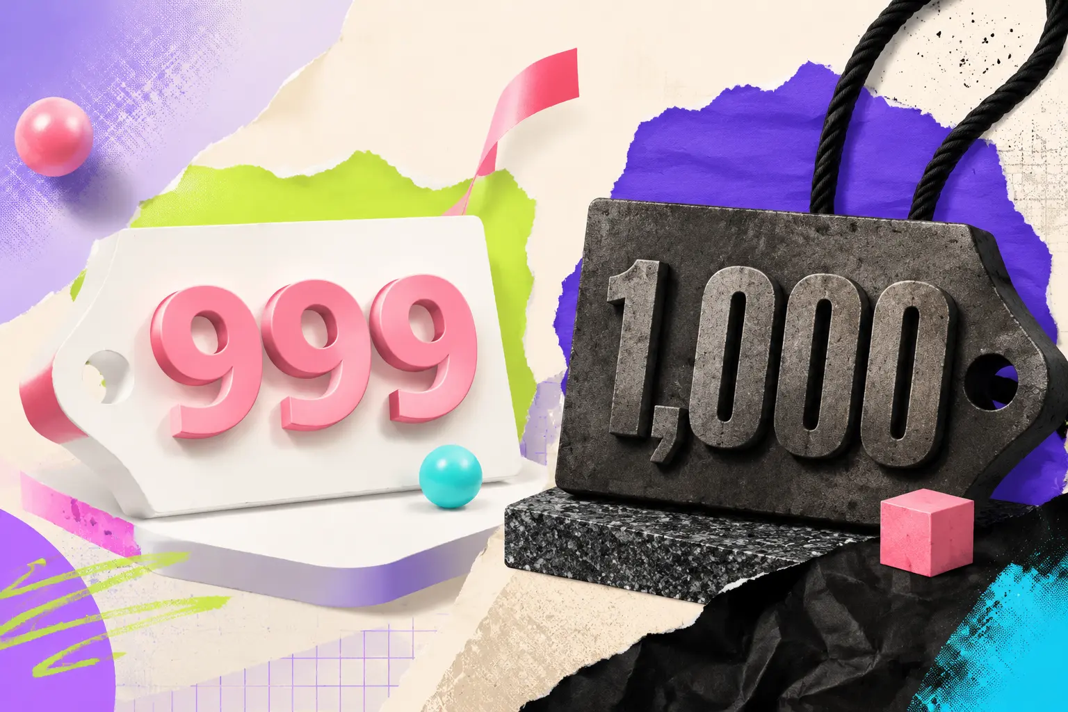 Sculptural price tags comparing 999 with 1,000