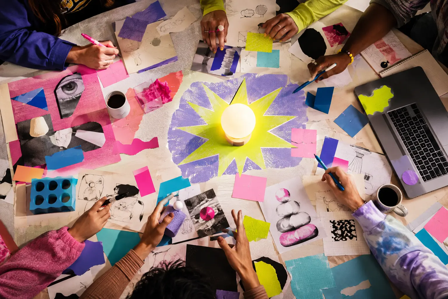Overhead creative brainstorming table filled with hands, sketches and colourful ideas
