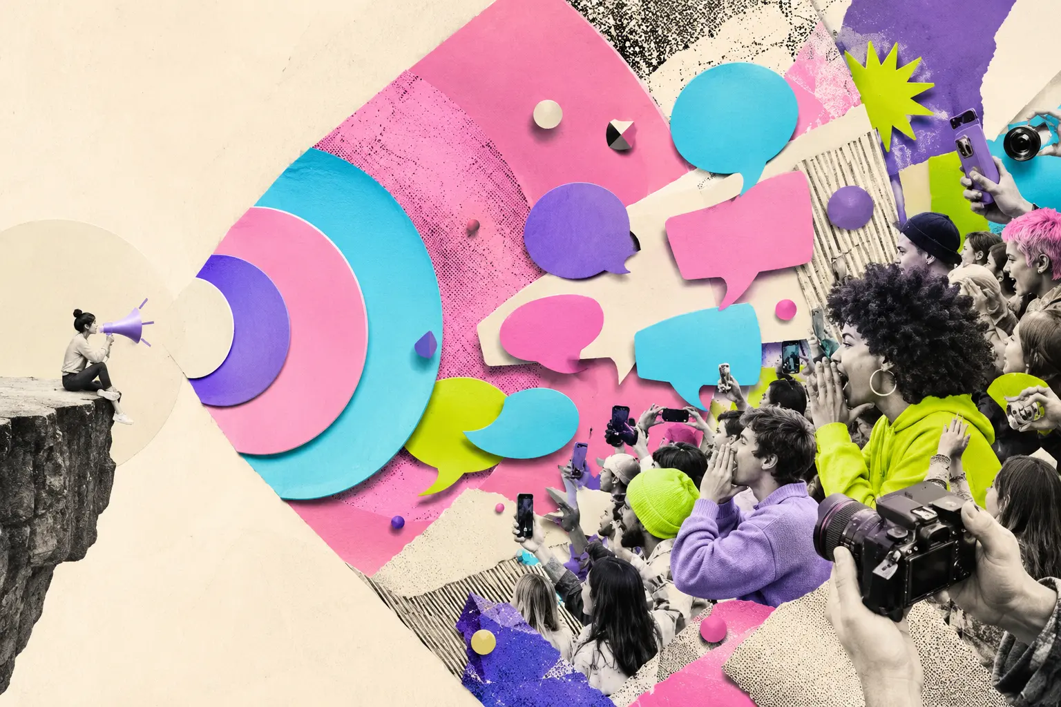 Editorial collage showing a quiet brand signal expanding into public conversation