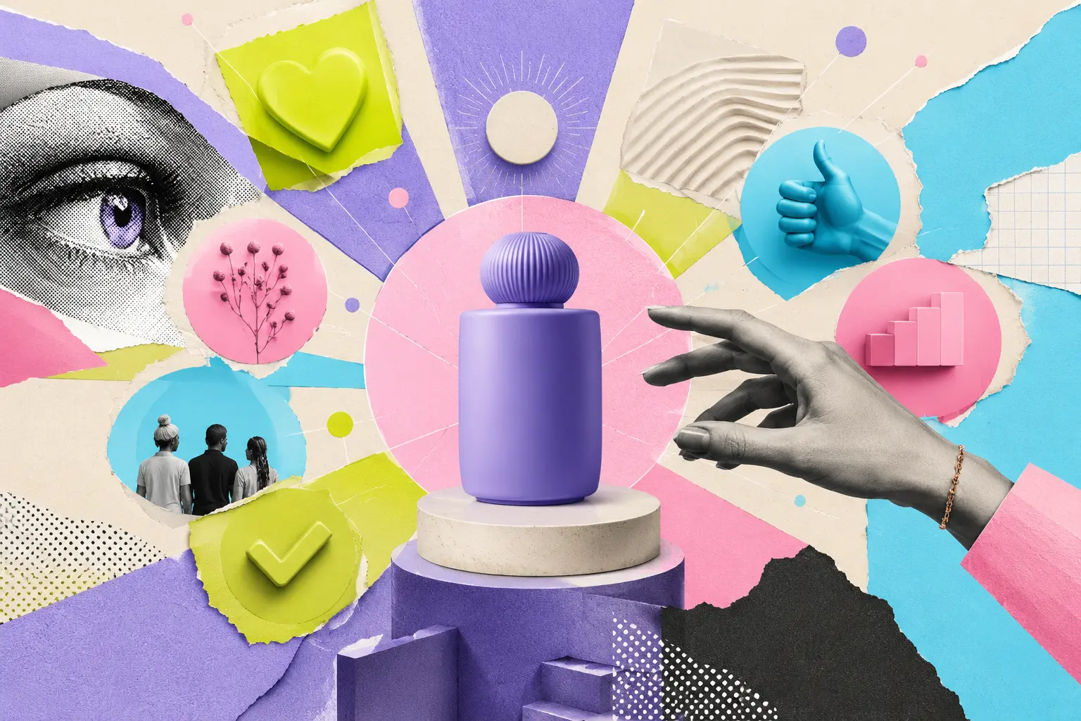 Editorial collage illustrating the visual signals that create instant brand trust