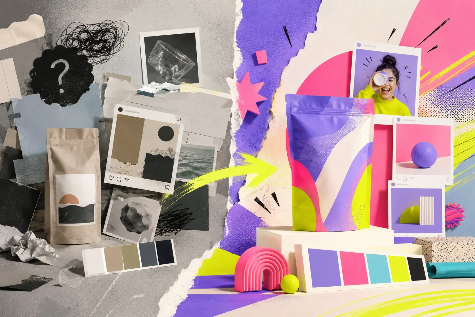 Split editorial collage showing a brand before and after a marketing makeover