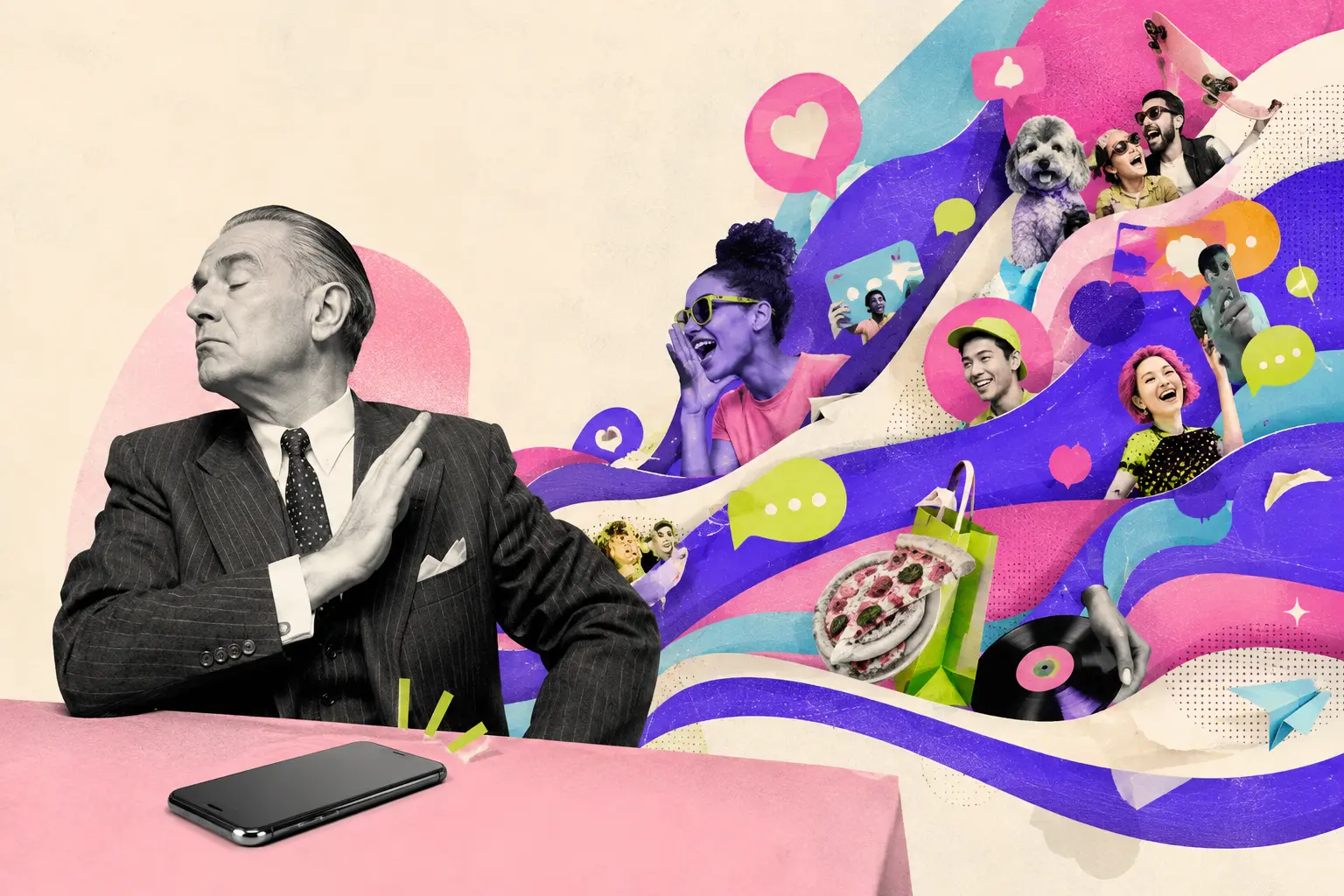 Witty editorial collage of a businessperson ignoring a wave of social conversations